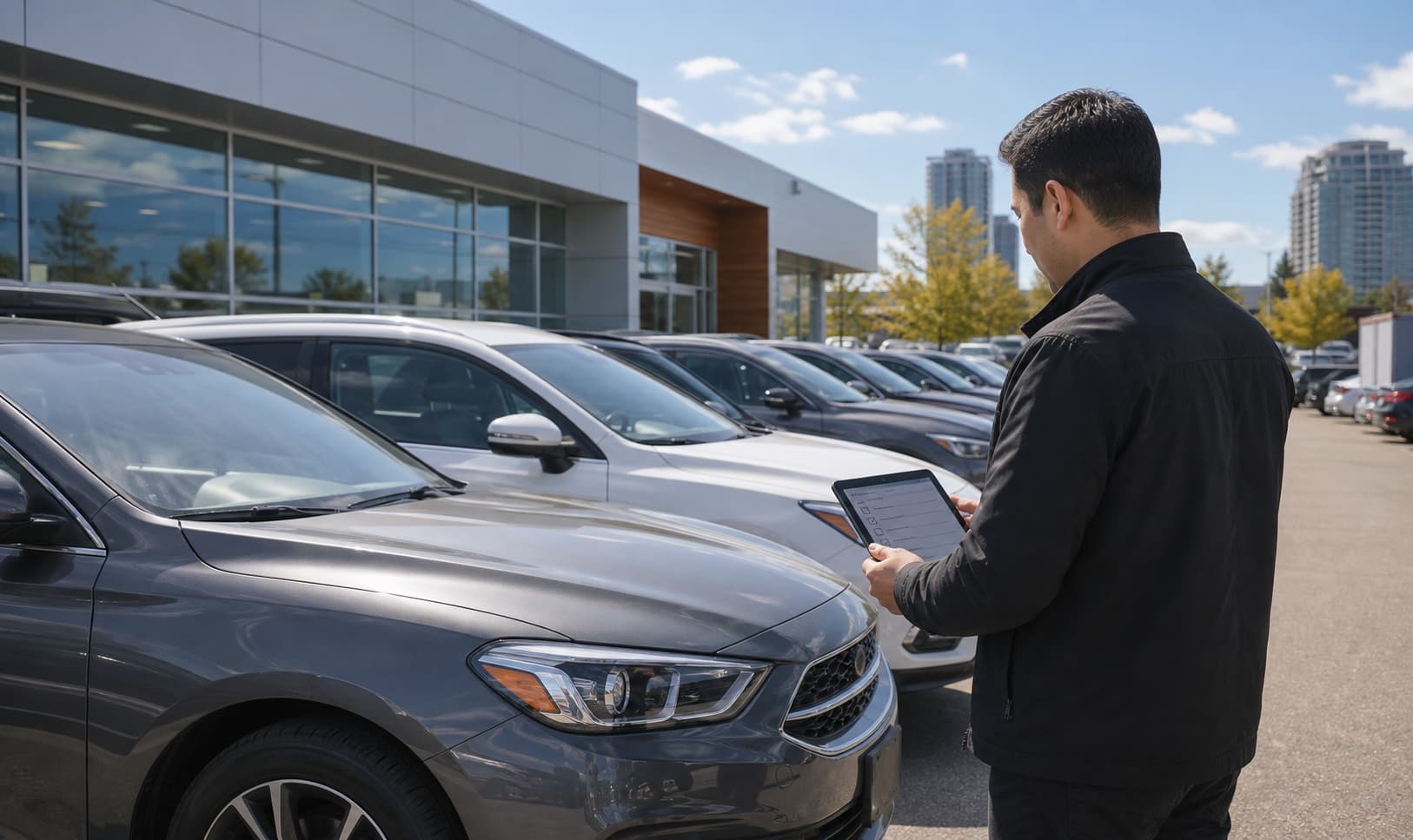 Customer reviewing a vehicle checklist beside UC Auto inventory