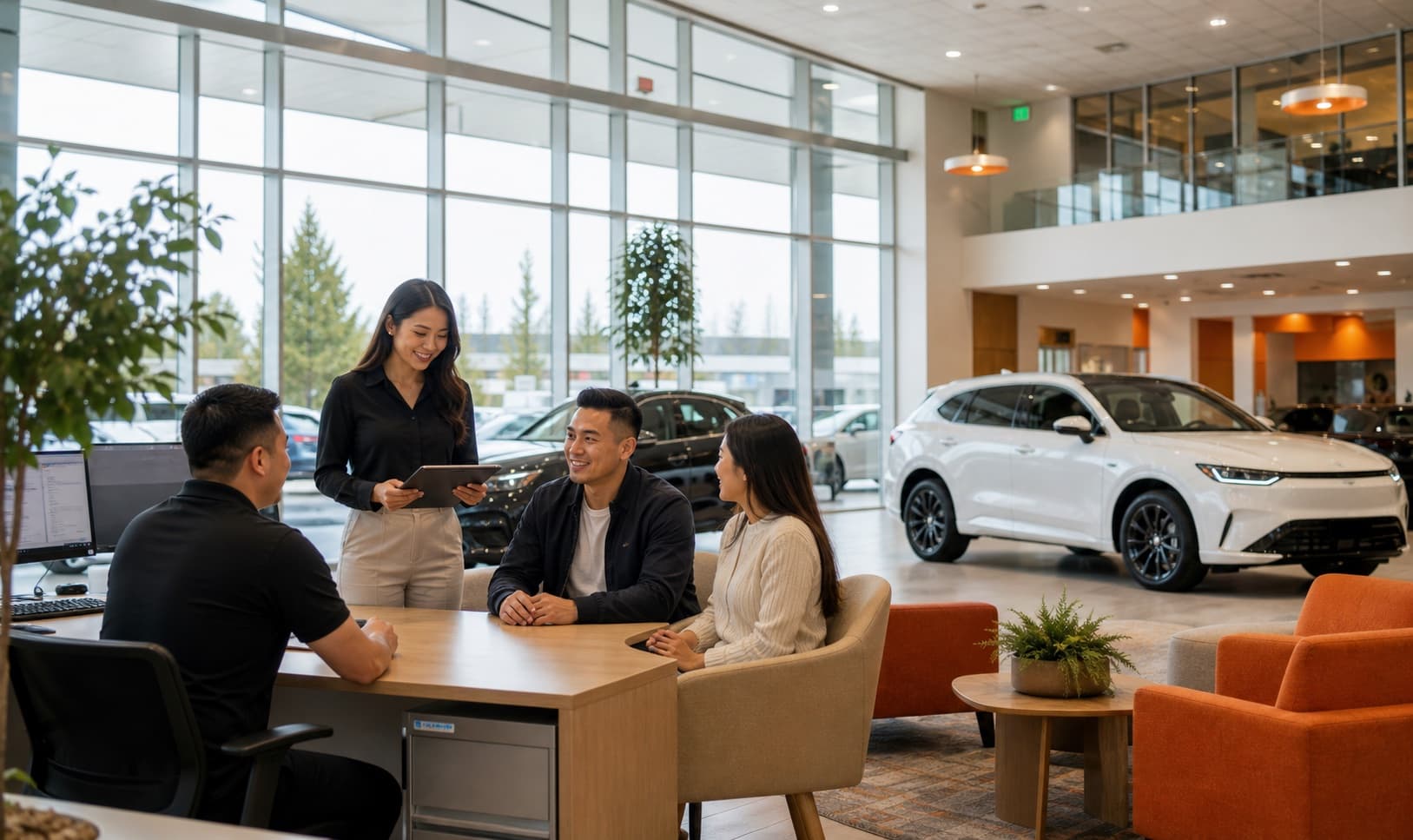 UC Auto showroom team discussing daily operations