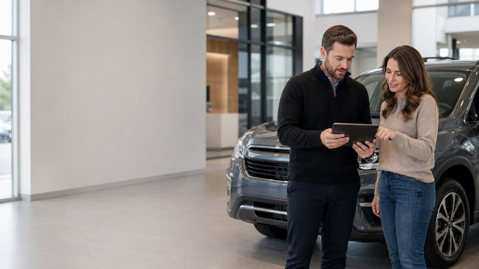 Finance advisor reviewing vehicle payment options with a customer in a showroom