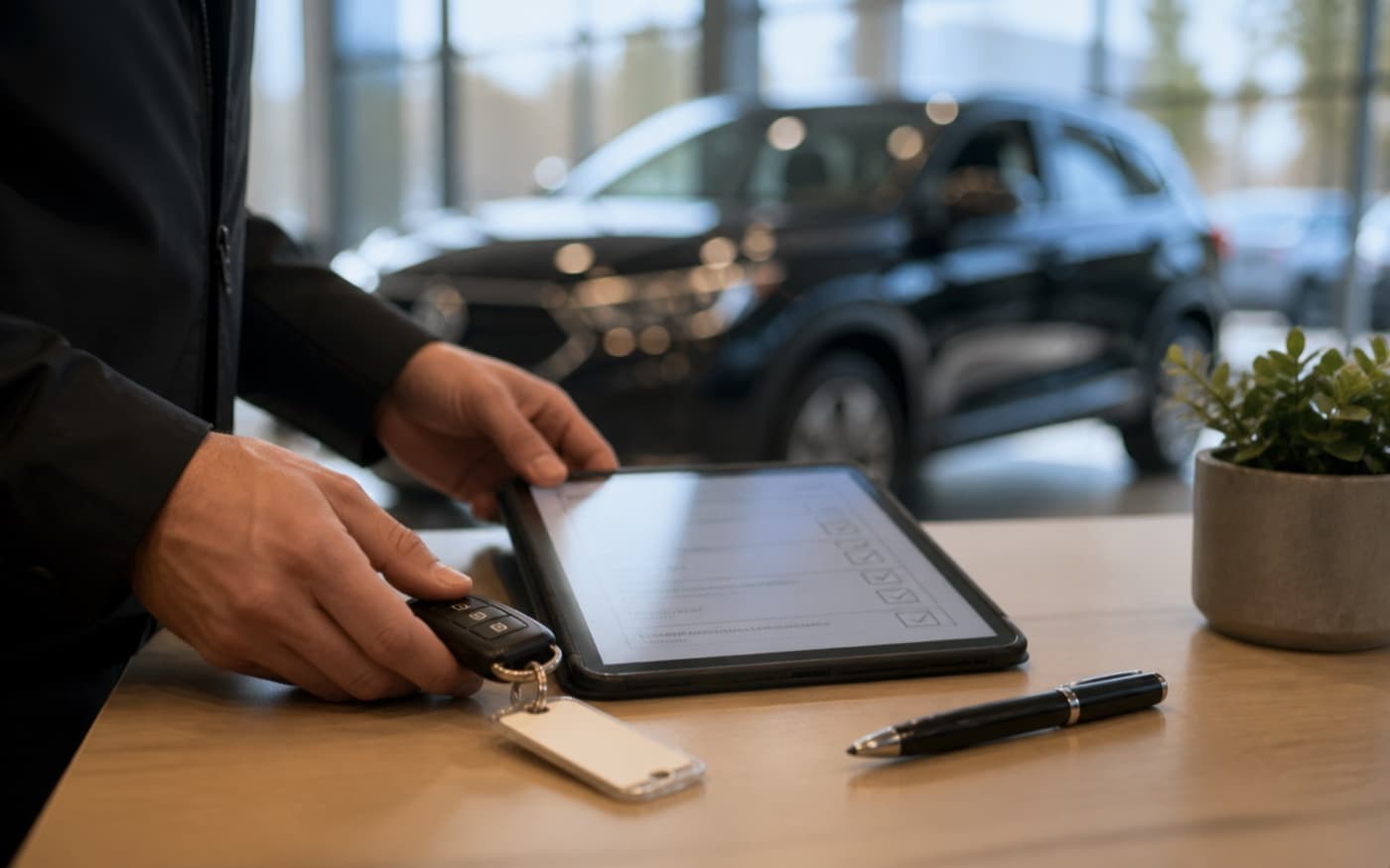 Vehicle keys and an intake checklist beside a showroom vehicle