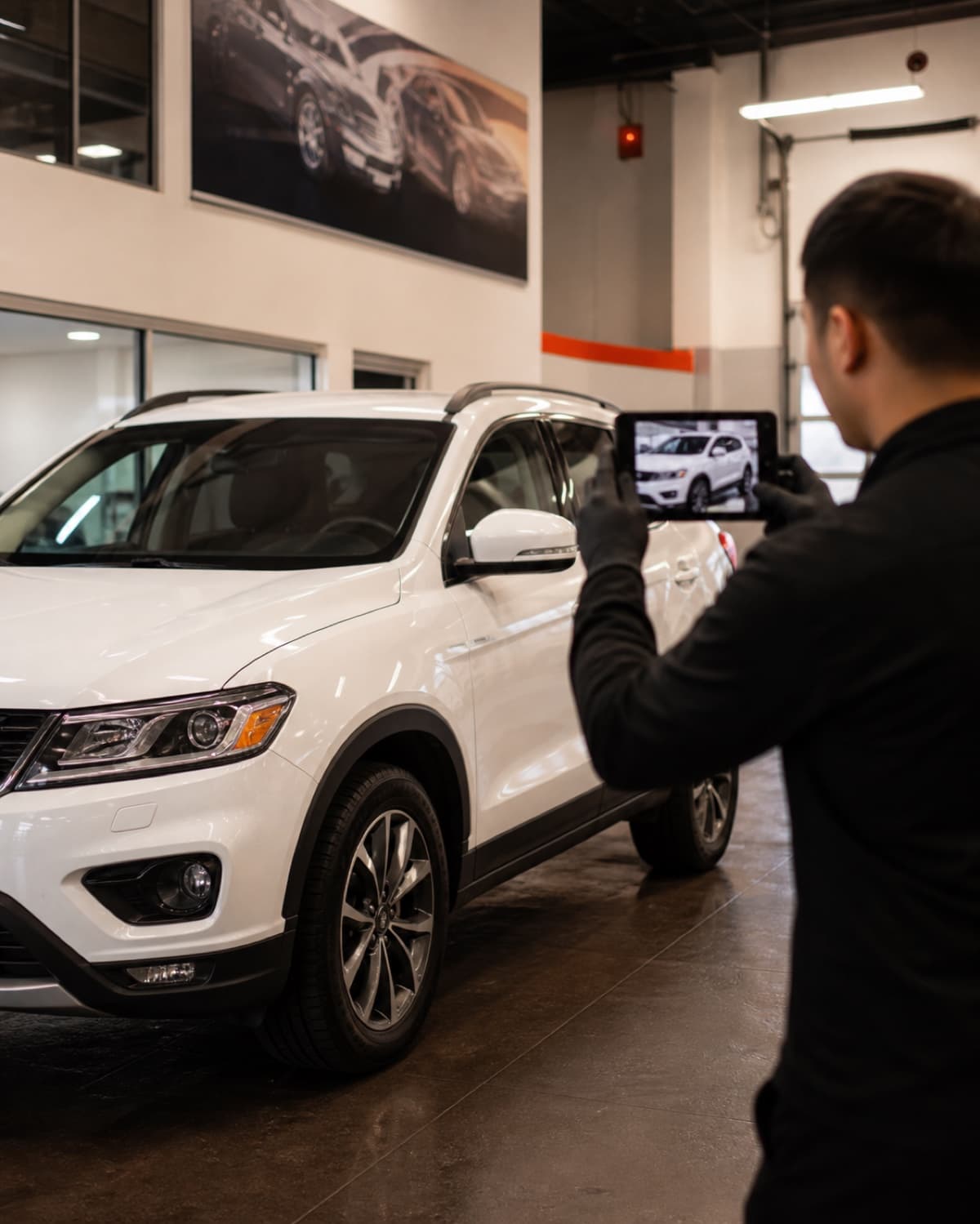 Vehicle listing photos being captured in an indoor dealership space