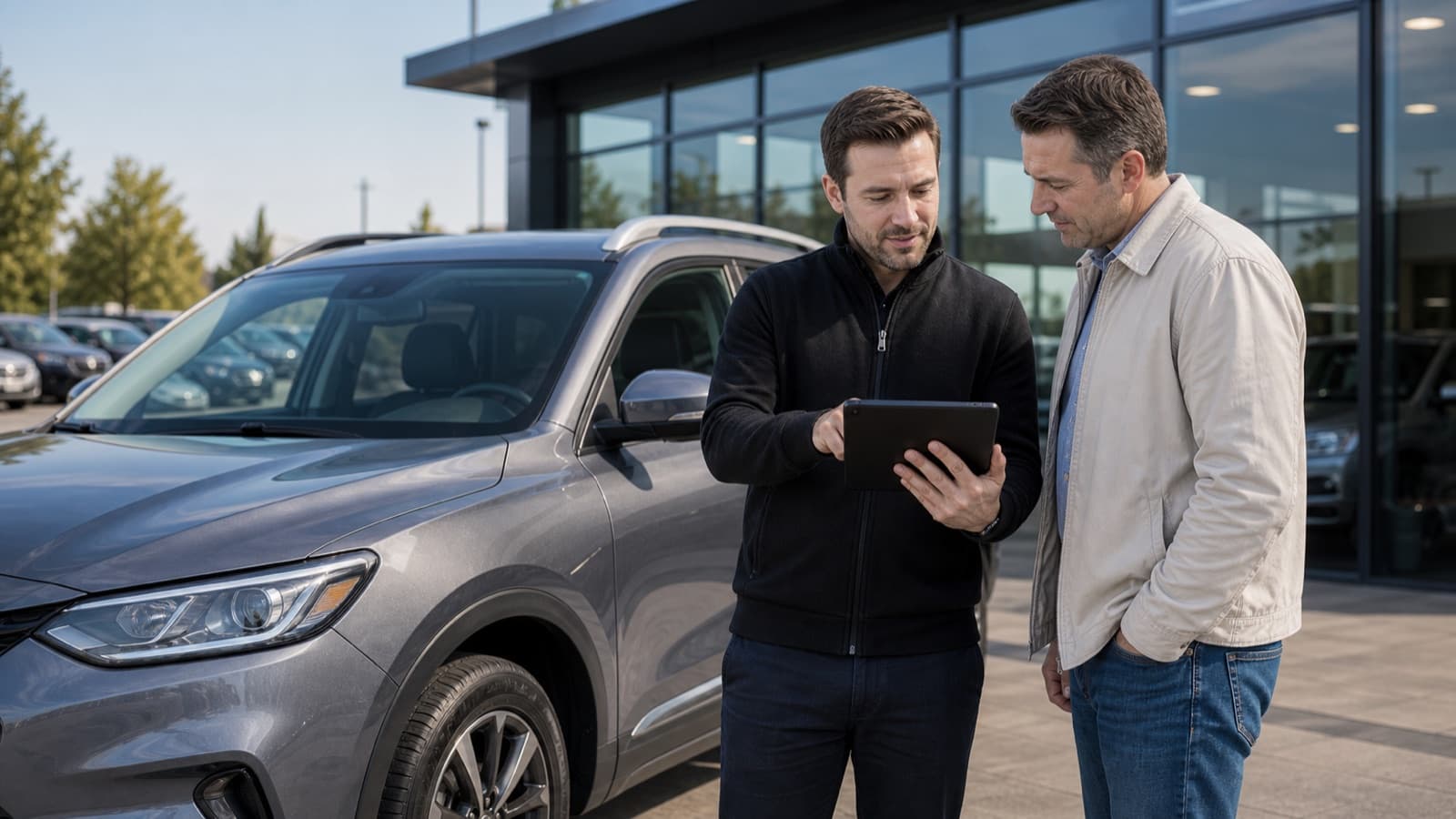 UC Auto advisor reviewing a trade-in vehicle with a customer