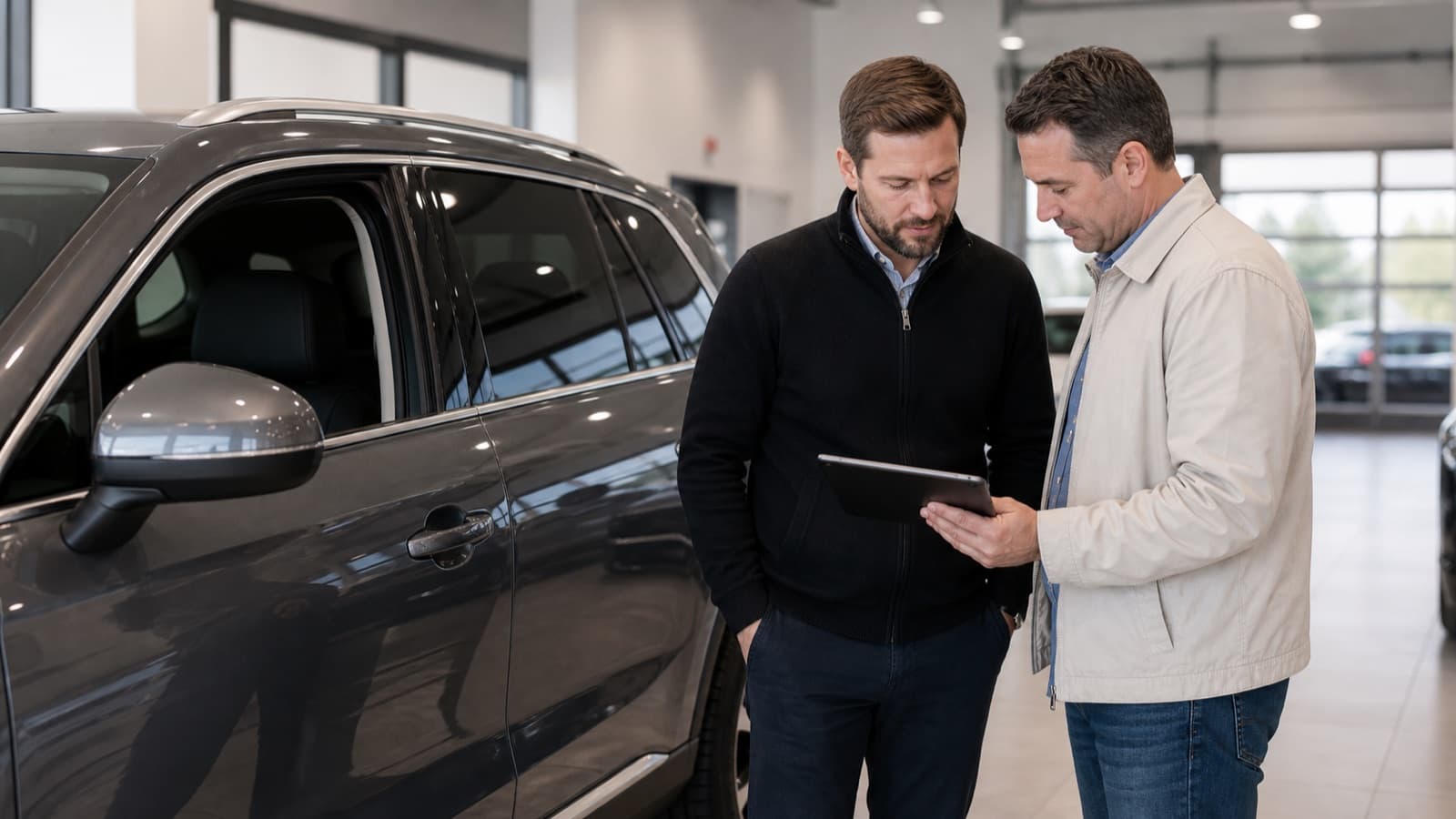 UC Auto advisor checking trade-in vehicle condition with a customer
